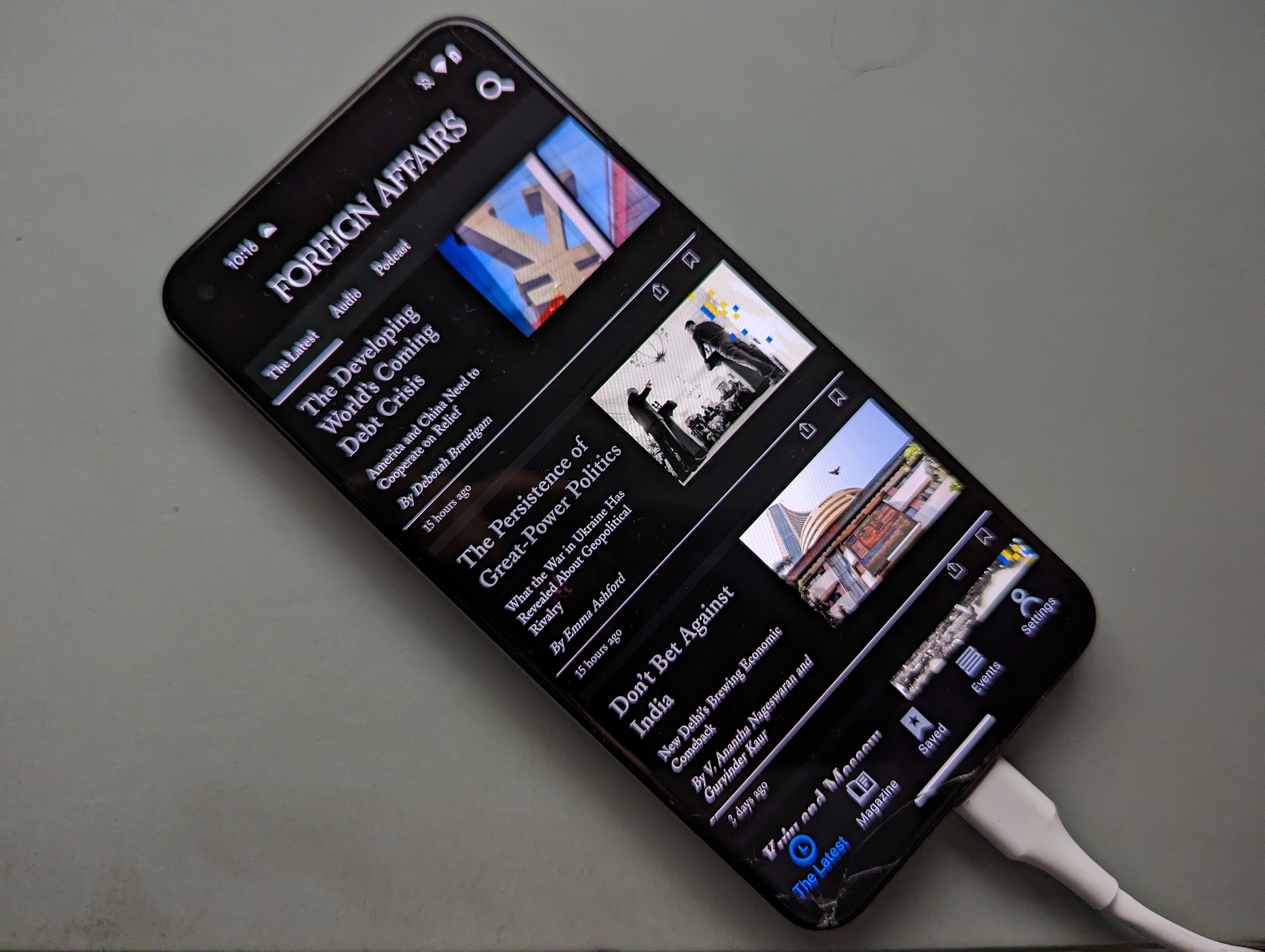 Picture of target device displaying the Foreign Affairs Android App