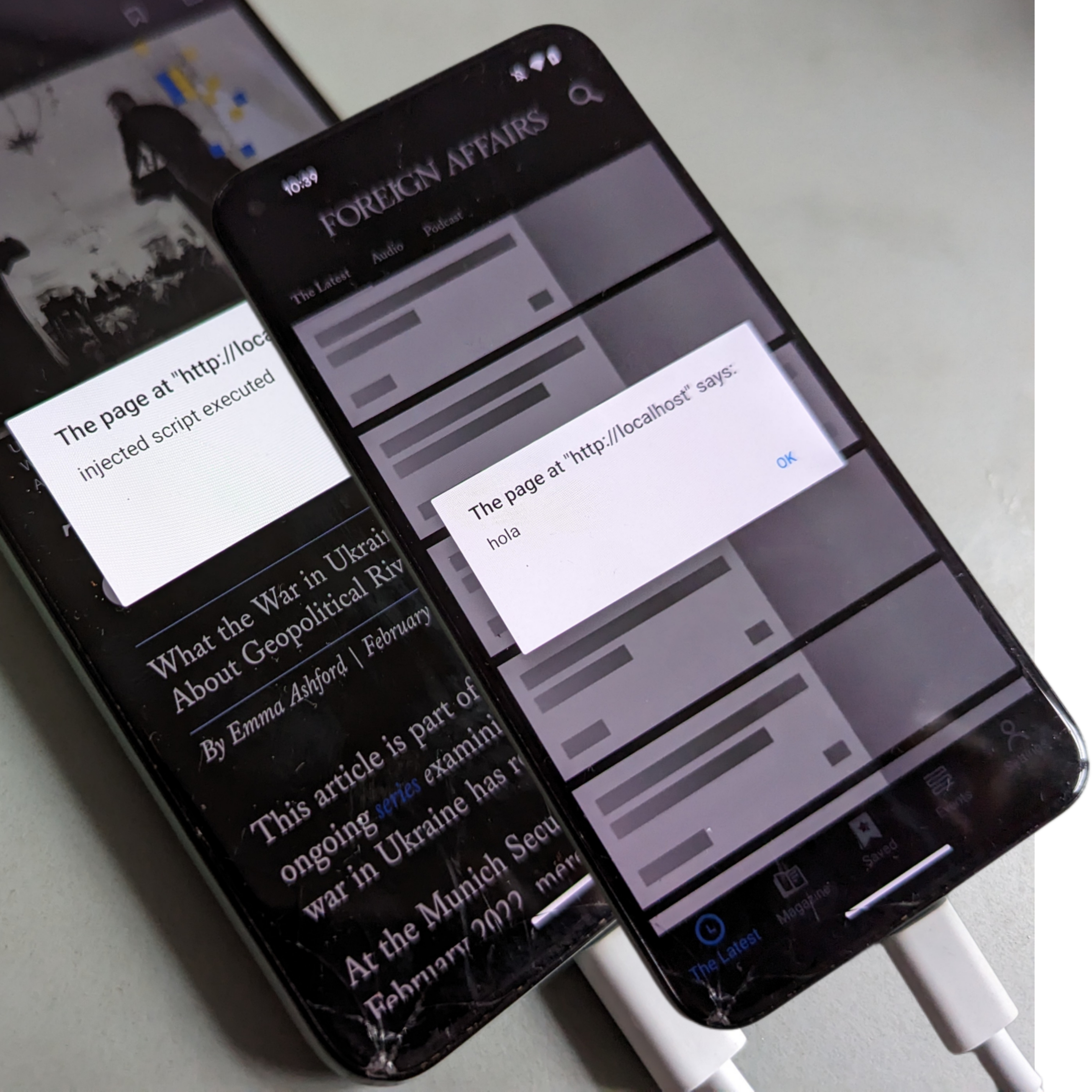 Image showing the target application with alert view demonstrating code injection