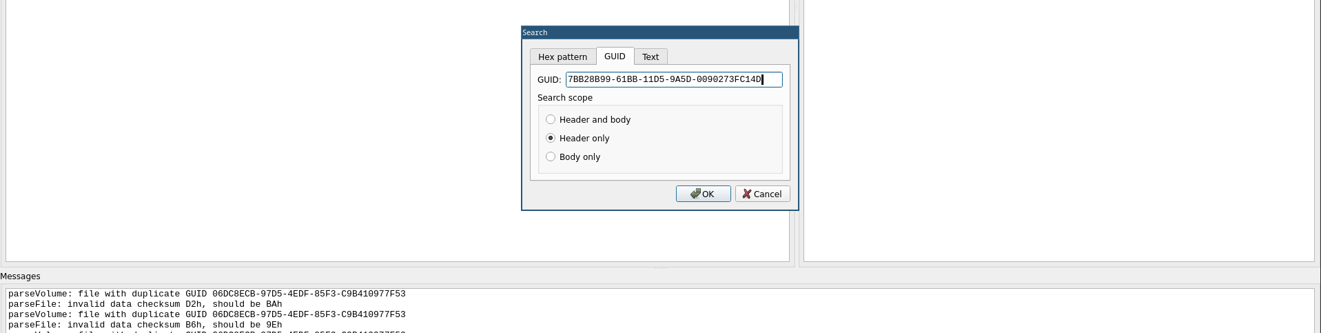 Image of UEFITool searching for a GUID